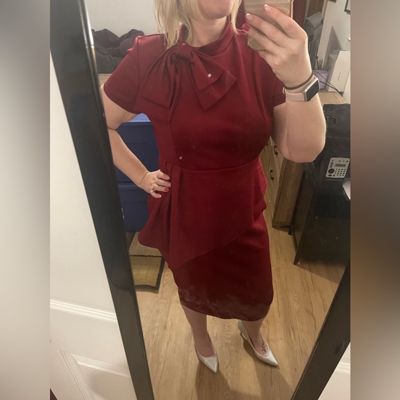 LAGSHIAN Bodycon Short Sleeve Bow Club Ruffle Pencil Party Dress- wine red- XL - Picture 9 of 10